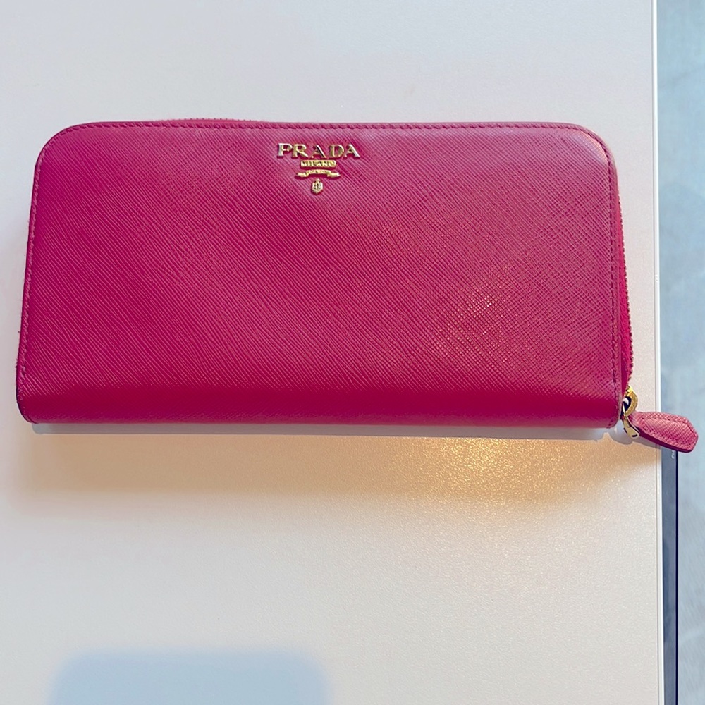 Prada large zipper wallet bright pink